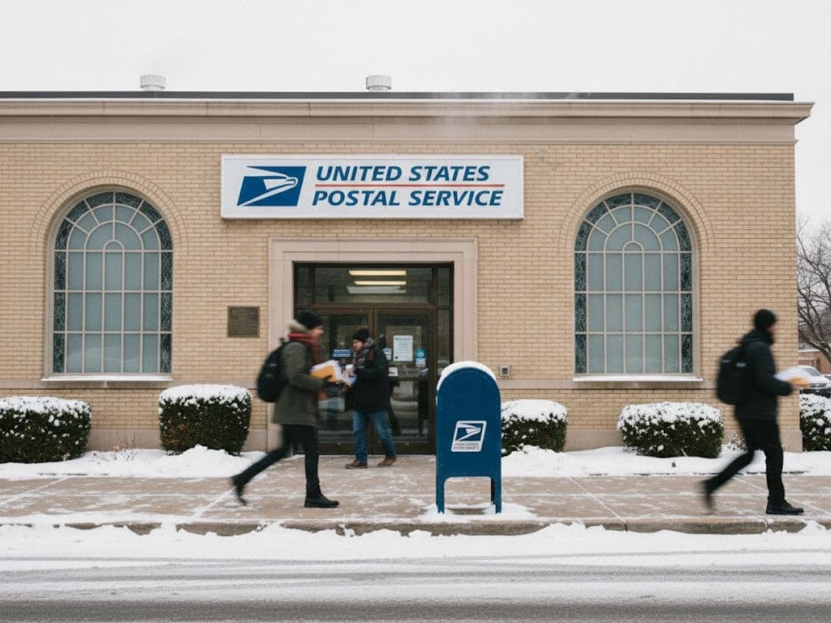 A high-volume Dallas mailroom with organized crates of stamped envelopes, ready for direct induction into the regional USPS hub center.